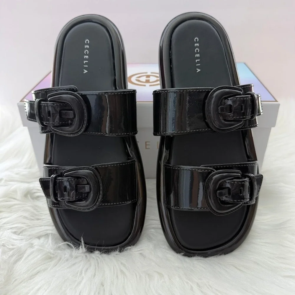 Cecelia New York Jump Womens 8M Black Patent Buckle Platform Slide Sandals